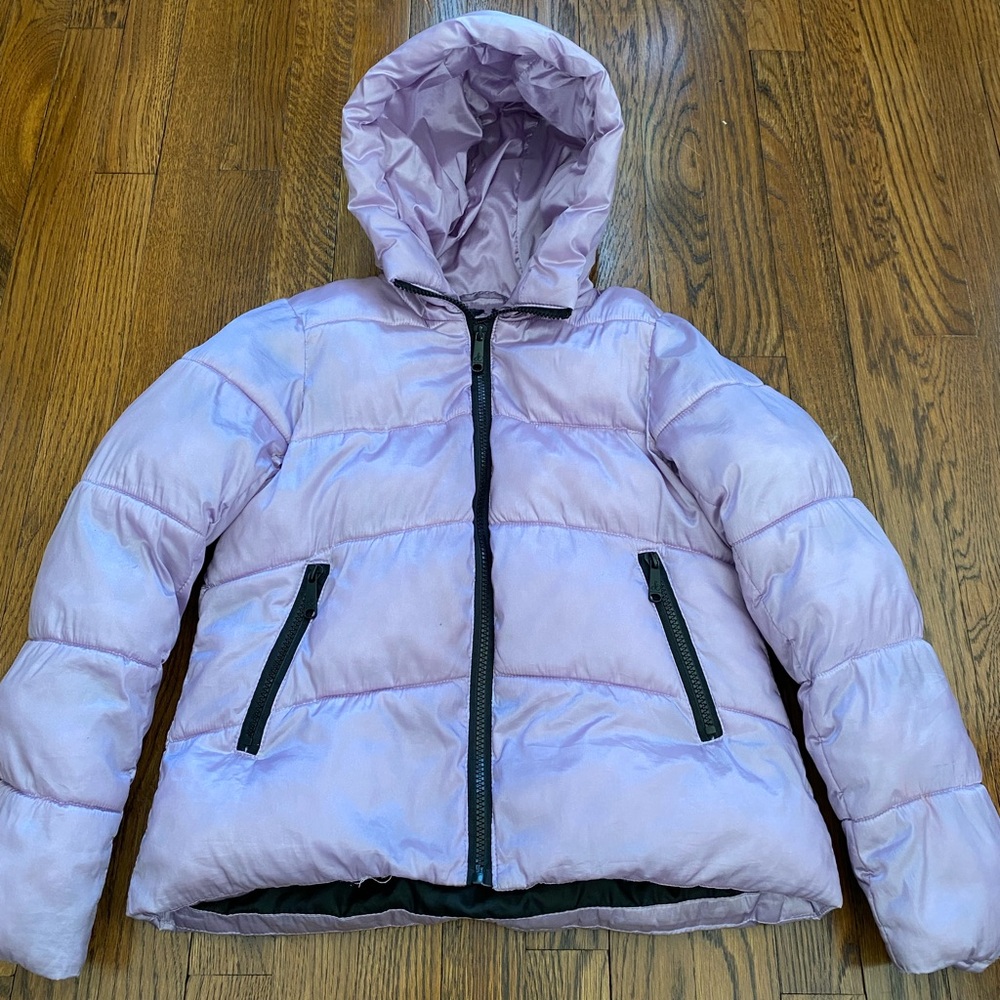 Sam Edelman Girls Crystal Satin Puffer Jacket Sz Medium 10-12 Purple Hooded Coat